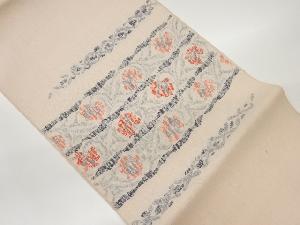 手織り真綿紬横縞に花唐草模様織出し名古屋帯